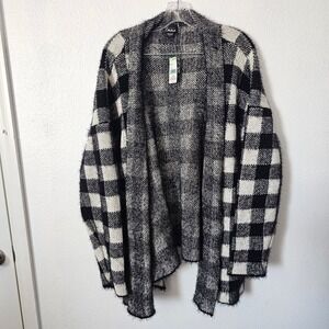 Simply Emma Womens 3X Buffalo Check Cardigan Sweater Black Onyx Eyelash Knit NWT